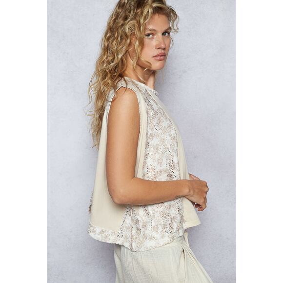 POL Floral Contrast Round Neck Sleeveless Back Detail Relaxed Fit Top | Almond - Picture 2 of 7